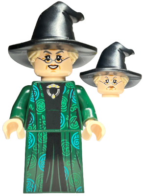 Lego, Minifigure, Harry Potter, Professor Minerva McGonagall, Dark Green Robe over Black Dress, Hat with Hair, HP274