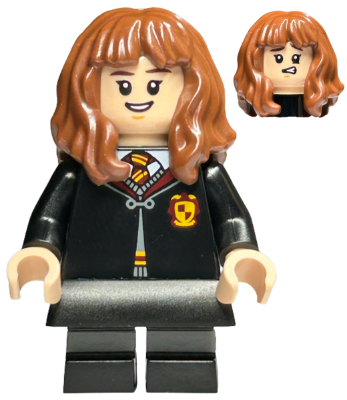 Lego, Minifigure, Harry Potter, Hermione Granger - Gryffindor Robe Clasped, Black Skirt, Black Short Legs with Dark Bluish Gray Stripes, Open Mouth Smile / Confused, HP439