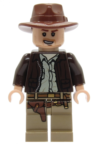 Lego, Minifigure, Indiana Jones, Indiana Jones, Dark Brown Jacket, Reddish Brown Fedora, Open Mouth Lopsided Grin, IAJ044