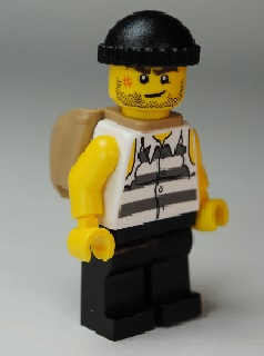 Lego, Minifigure, City, Police, Jail Prisoner Shirt with Prison Stripes and Torn out Sleeves, Black Legs, Black Knit Cap, Open Backpack, JAIL005