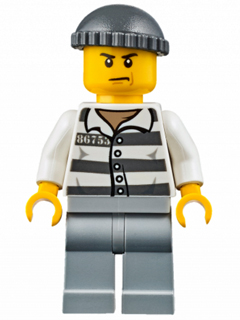 Lego, Minifigure, City, Police - Jail Prisoner 86753 Prison Stripes, Dark Bluish Gray Knit Cap, Scowl, JAIL006