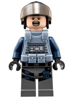 Lego, Minifigure, Jurassic World, ACU Trooper, Male, Black Aviator Cap with Trans-Brown Visor, Light Nougat Head, Sand Blue Body Armor Vest, JW004