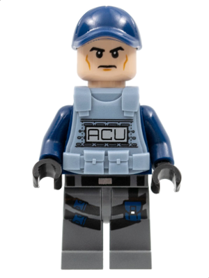 Lego, Minifigure, Jurassic World, ACU Trooper - Male, Dark Blue Cap, Light Nougat Head, Sand Blue Body Armor Vest, JW010