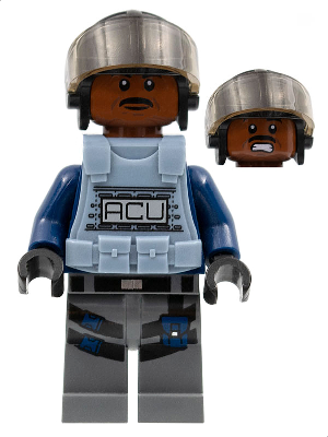 Lego, Minifigure, Jurassic World, ACU Trooper - Male, Black Aviator Cap with Trans-Brown Visor, Reddish Brown Head, Sand Blue Body Armor Vest, JW013