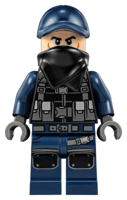 Lego, Minifigure, Jurassic World, ACU Guard - Male, Dark Blue Cap, Light Nougat Head, Black Bandana, JW032