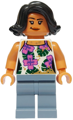 Lego, Minifigure, Jurassic World, Sammy Gutierrez - White Sleeveless Shirt with Flowers, Leaves and Dirt Stains, Sand Blue Legs, JW120
