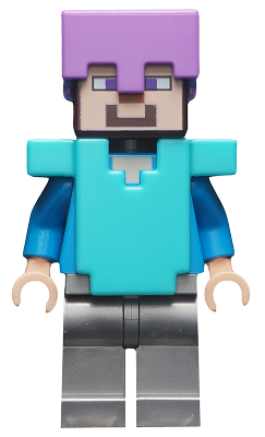 Lego, Minifigure, Minecraft,Steve (Light Nougat) - Flat Silver Legs, Medium Lavender Helmet, Medium Azure Armor, MIN060