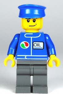 Lego, Minifigure, City,  Gas Station, Octan,  Blue Oil, Dark Bluish Gray Legs, Blue Hat, Smirk and Stubble Beard, oct061