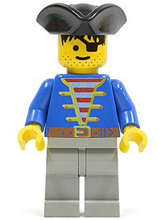 Lego, Minifigure, Pirates, Pirate Blue Jacket, Light Gray Legs, Black Pirate Triangle Hat, PI005