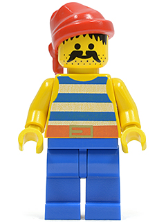 Lego, Minifigure, Pirates, Pirate Blue / White Stripes Shirt, Blue Legs, Red Bandana, Belt with Gold Buckle, PI021