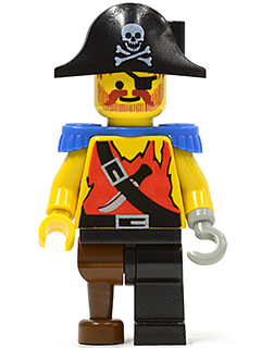 Lego, Minifigure, Pirates, Pirate Shirt with Knife, Black Leg with Peg Leg, Black Pirate Hat with Skull, Blue Epaulettes, PI023