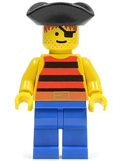 Lego, Minifigure, Pirates, Pirate Red / Black Stripes Shirt, Blue Legs, Black Pirate Triangle Hat, PI026