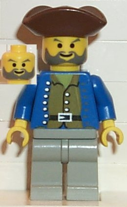 Lego, Minifigure, Pirates, Brown Shirt, Light Gray Legs, Brown Pirate Triangle Hat, PI037