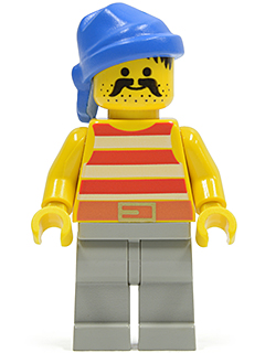 Lego, Minifigure, Pirates, Pirate Red / White Stripes Shirt, Light Gray Legs, Blue Bandana, PI041