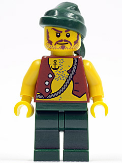 Lego, Minifigure, Pirates, Pirate Vest and Anchor Tattoo, Dark Green Legs, Dark Green Bandana, Brown Moustache, PI095