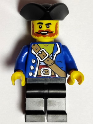 Lego, Minifigure, Pirates, Pirates II, Pirate - Male, Black Tricorne, Dark Orange Beard and Moustache, Blue Open Coat, Medium Nougat Belt, Black Legs, PI197