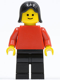 Lego, Minifigure, Town, Plain Red Torso with Red Arms, Black Legs, Black Female Hair, PLN145