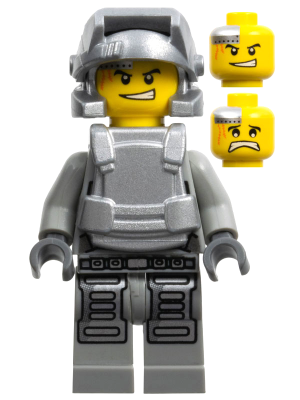Lego, Minifigure, Power Miners, Engineer, Light Bluish Gray Outfit, Metallic Silver Armor and Helmet,PM026