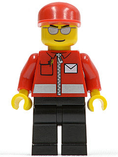 Lego, Minifigure, City, Town, Post Office White Envelope and Stripe, Black Legs, Red Cap, Silver Sunglasses, POST007