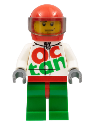Lego, Minifigure, Racers, Race Car Driver, White Octan Racing Suit with Silver Zipper, Red Helmet with Trans-Brown Visor, Crooked Smile, Stubble Beard, RAC059