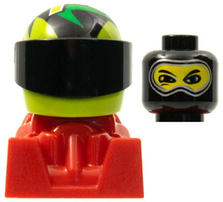 Lego, Minifigure, Drome Racers, Racer, Black Balaclava, Lime Helmet with Pattern, Red Body, RAC091