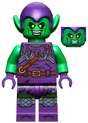 Lego, Minifigure, Super Heroes, Spider-Man, Green Goblin - Bright Green Skin, Dark Purple Outfit, Small Yellow Eyes, Printed Legs Sh0695