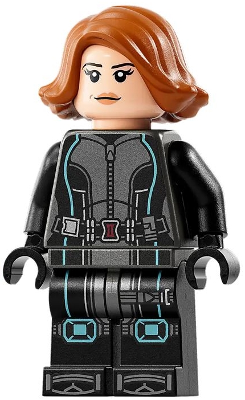 Lego, Minifigure, Marvel, Avengers Infinity Saga, Black Widow - Black Jumpsuit, Dark Orange Short Hair, Printed Legs, Metallic Light Blue Trim, SH0881