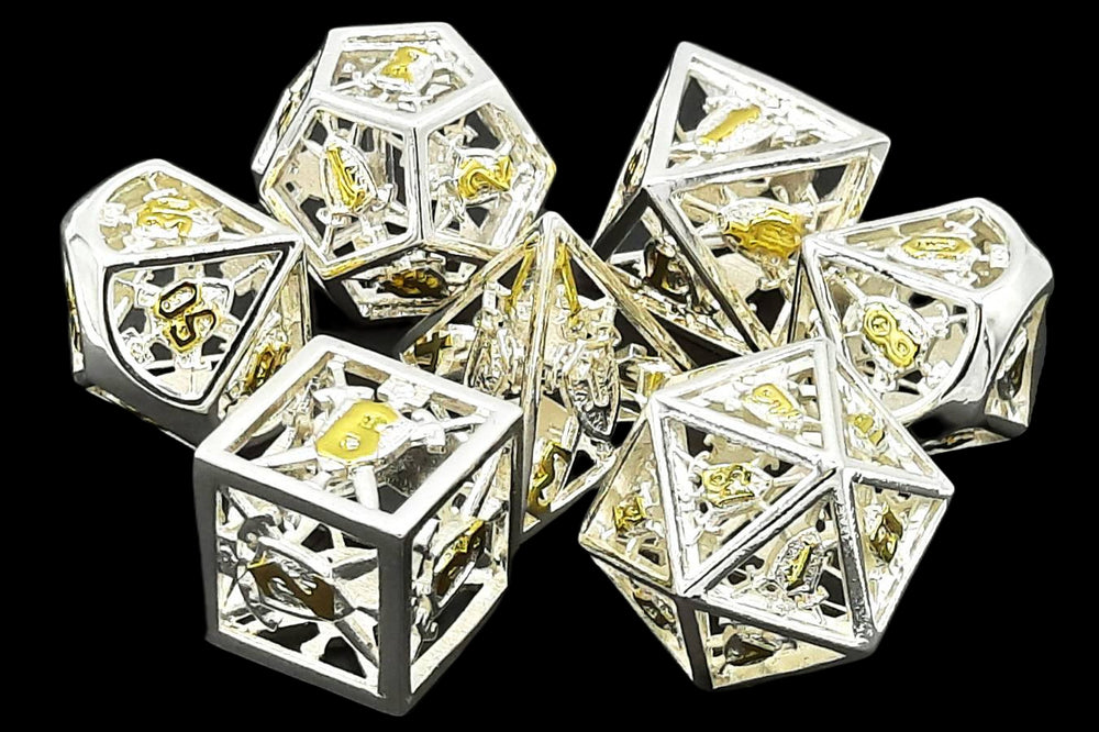 Old School 7 Piece DnD RPG Metal Dice Set: Hollow Sword & Shield Dice - Silver w/ Gold