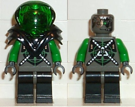 Lego, Minifigure, Insectoids Zotaxian Alien, Male, Gray and Green with Green Circuits and Silver Hoses, with Black Armor, Danny Longlegs, Corporal Steel, SP027