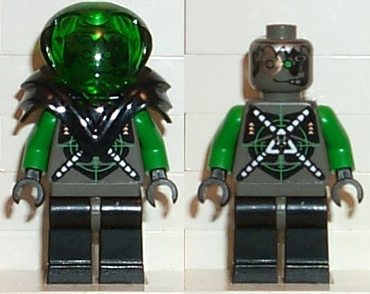 Lego, Minifigure, Insectoids Zotaxian Alien, Male, Gray and Green with Green Circuits and Silver Hoses, with Black Armor, Danny Longlegs, Corporal Steel, SP027