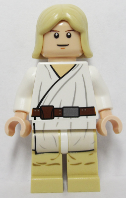 Lego, Minifigure, Star Wars,  Star Wars Episode 4/5/6, Luke Skywalker - Tatooine, Light Nougat, Long Hair, White Tunic, Tan Legs, White Glints, SW0273