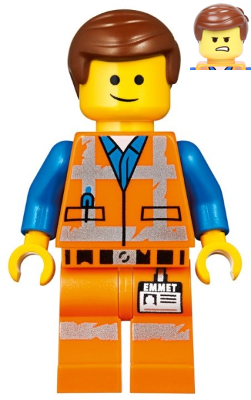Lego, Minifigure, The Lego Movie, Emmet - Lopsided Smile / Angry, Worn Uniform, TLM142
