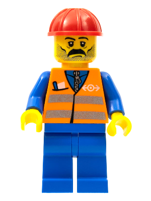 Lego, Minifigure, City, Town, Orange Vest with Safety Stripes - Blue Legs, Moustache, Red Construction Helmet, TRN001