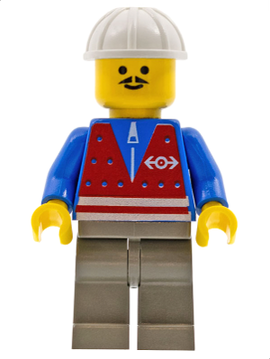 Lego, Minifigure, City, Train, Red Vest and Zipper - Dark Gray Legs, White Construction Helmet, Moustache, TRN055