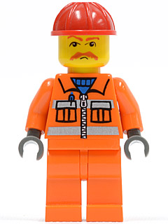 Lego, Minifigure, Train, Orange Vest with Safety Stripes, Orange Legs, Red Construction Helmet, Brown Moustache, Dark Bluish Gray Hands, TRN129a