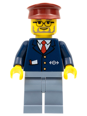 Lego, Minifigure, Train, Train Conductor - Male, Dark Blue Suit, Sand Blue Legs, Dark Red Hat, TRN138