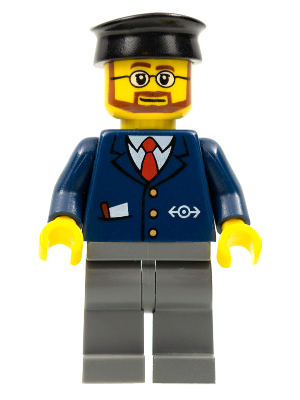 Lego, Minifigure, Train, Dark Blue Suit with Train Logo, Dark Bluish Gray Legs, Black Hat, Beard and Glasses, TRN222
