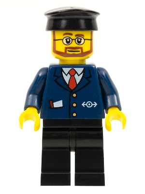 Lego, Minifigure, Train, Dark Blue Suit with Train Logo, Black Legs, Black Hat, Beard and Glasses, TRN223