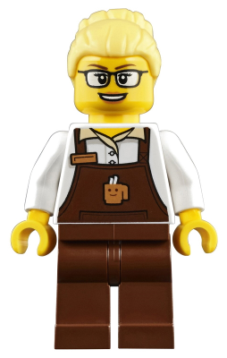 Lego, Minifigure, Train, Barista - Female, Reddish Brown Apron with Cup and Name Tag, Reddish Brown Legs, Bright Light Yellow Hair, Glasses, TRN249