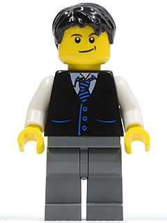 Lego, Minifigure, Town, Black Vest with Blue Striped Tie, Dark Bluish Gray Legs, White Arms, Black Short Tousled Hair, twn049