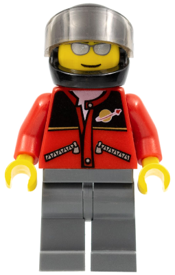 Lego, Minifigure, City, Town, Red Jacket with Zipper Pockets and Classic Space Logo, Dark Bluish Gray Legs, Black Helmet, Silver Sunglasses, TWN060