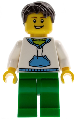 Lego, Minifigure, City, Town, White Hoodie with Medium Blue Pocket, Green Legs, Dark Brown Short Tousled Hair, TWN096