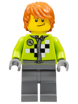 Lego, Minifigure, City, Town, Lime Jacket with Wrench and Black and White Checkered Pattern, Dark Bluish Gray Legs, Dark Orange Hair, Crooked Smile, TWN184