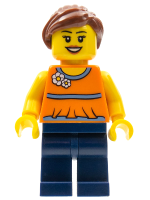 Lego, Minifigure, City, Town, Orange Halter Top with Medium Blue Trim and Flowers Pattern, Dark Blue Legs, Reddish Brown Ponytail and Swept Sideways Fringe, TWN185
