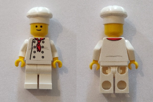 Lego, Minifigure, City, Town, Chef, White Torso with 8 Buttons, Light Bluish Gray Wrinkles, WITH Back Print, White Legs, Standard Grin, TWN192a