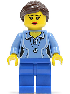 Lego, Minifigure, City, Medium Blue Female Shirt with Two Buttons and Shell Pendant, Blue Legs, Dark Brown Ponytail and Swept Sideways Fringe, TWN213