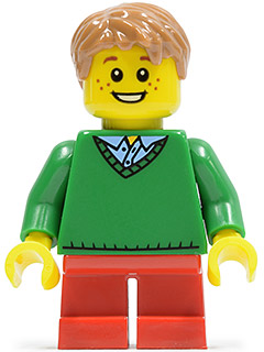 Lego, Minifigure, City, Town, Boy, Green V-Neck Sweater, Red Short Legs, TWN242