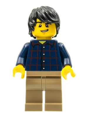 Lego, Minifigure, City, Town, Plaid Button Shirt, Dark Tan Legs, Black Tousled Hair, Lopsided Grin, Chin Dimple, TWN255