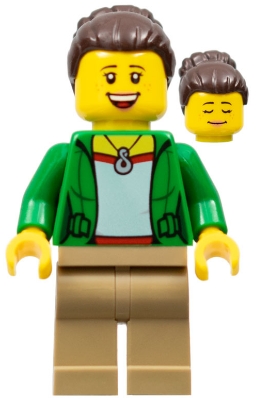 Lego, Minifigure, Town, Mom - Green Female Jacket Open with Necklace, Dark Tan Legs, Dark Brown Hair Female Large High Bun, TWN301