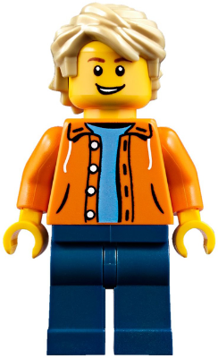 Lego, Minifigure, Town, Orange Jacket with Hood over Light Blue Sweater, Dark Blue Legs, Tan Tousled Hair, Open Lopsided Grin, TWN305